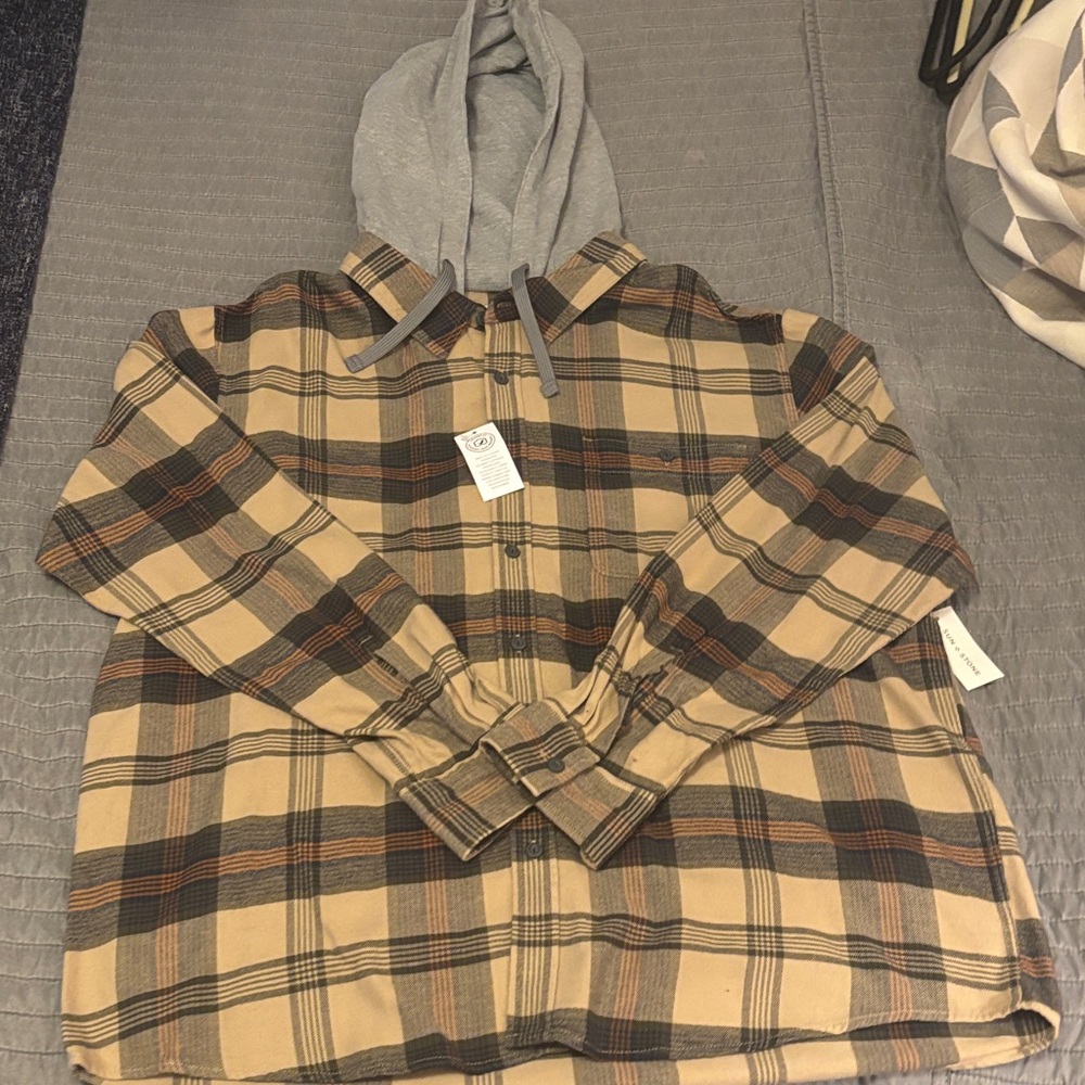 Plaid Button-Up Shirt with Gray Hood
